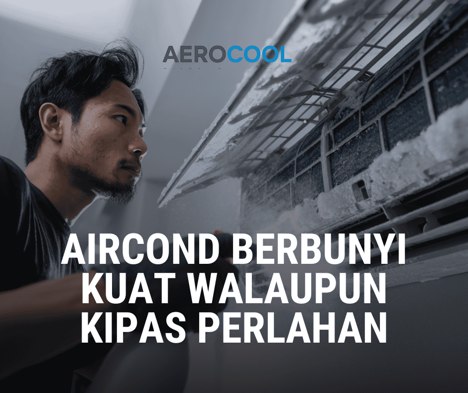 Teknisi Aerocool berbangsa Melayu, berusia awal 30-an sedang melakukan chemical cleaning pada coil aircond indoor menggunakan semburan larutan khas. Gambar close-up menunjukkan proses pembersihan secara profesional dengan sarung tangan dan peralatan lengkap. Aircond berbunyi kuat walaupun kipas perlahan