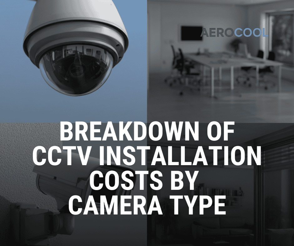 The combined image shows 4 types of CCTV cameras in real locations: Dome cameras on the ceiling of the office, bullet cameras outside the house, PTZ cameras on the building's fence, and wireless cameras on shelves inside the house. Explaining the use of cameras according to the appropriate installation location. Breakdown of CCTV Installation Costs by Camera Type