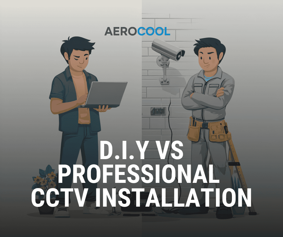The two-part image shows a comparison of DIY CCTV installation by a homeowner using manual methods, versus professional installation by a uniformed technician with a customer watching. Showing the stark difference between DIY and expert service. DIY vs Professional  CCTV Installation