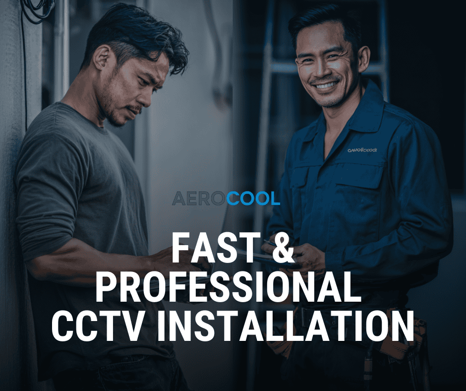 AeroCool CCTV technicians are installing CCTV cameras outside a terrace house as a Malay male customer watches on in a friendly manner. The atmosphere appears safe and professional, showing the actual installation process in a residential area. Fast and Professional  CCTV Installation