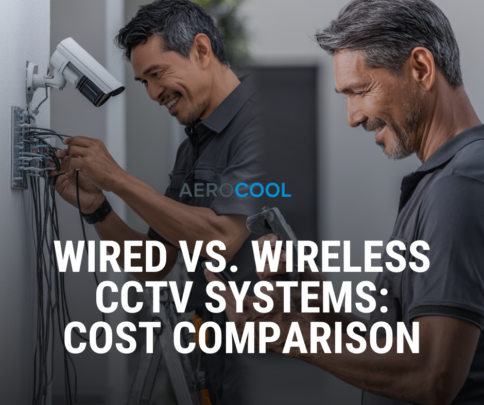 The split image shows a wired CCTV installation by a technician with cables on the wall, and a wireless CCTV installation connected to a smartphone. Showing the stark difference between the two systems. Wired vs Wireless CCTV systems Cost Comparison